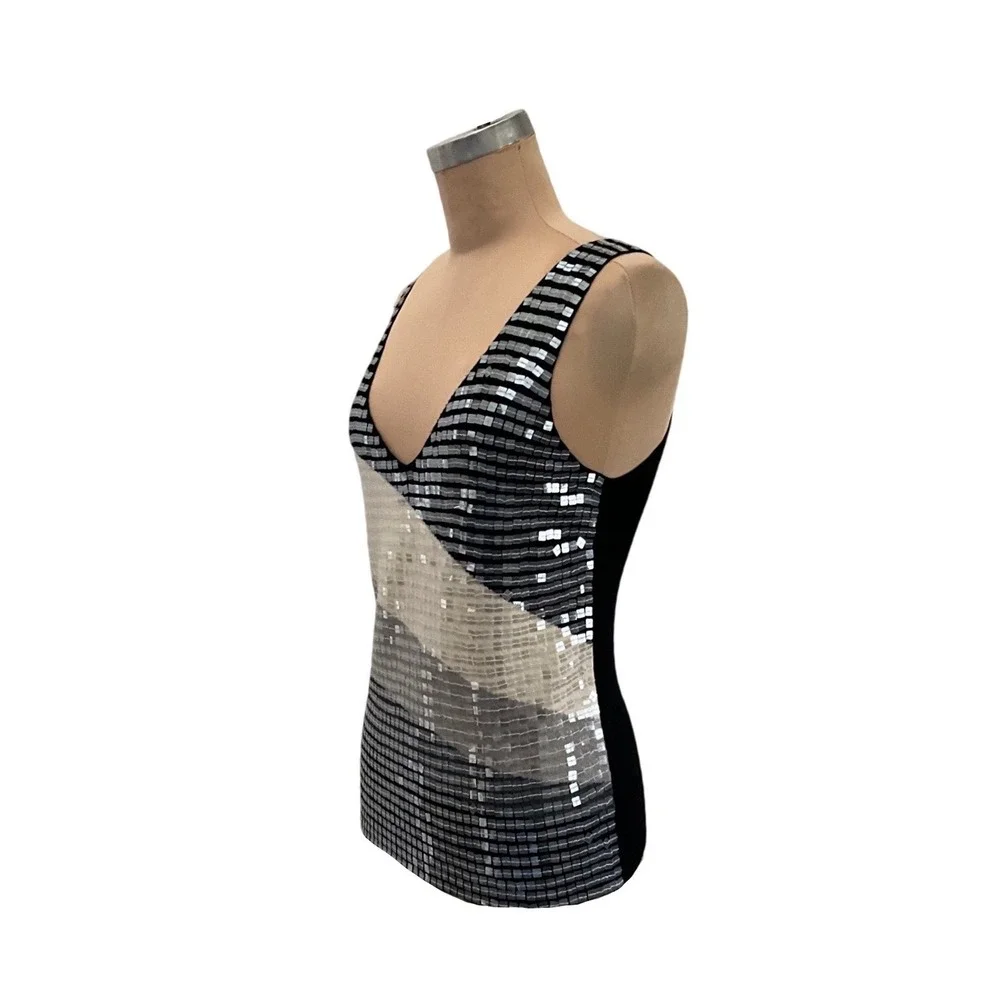 Armani Exchange Sequin Knit Tank Top Black Silver V Neck Party Cocktail Size‎ M